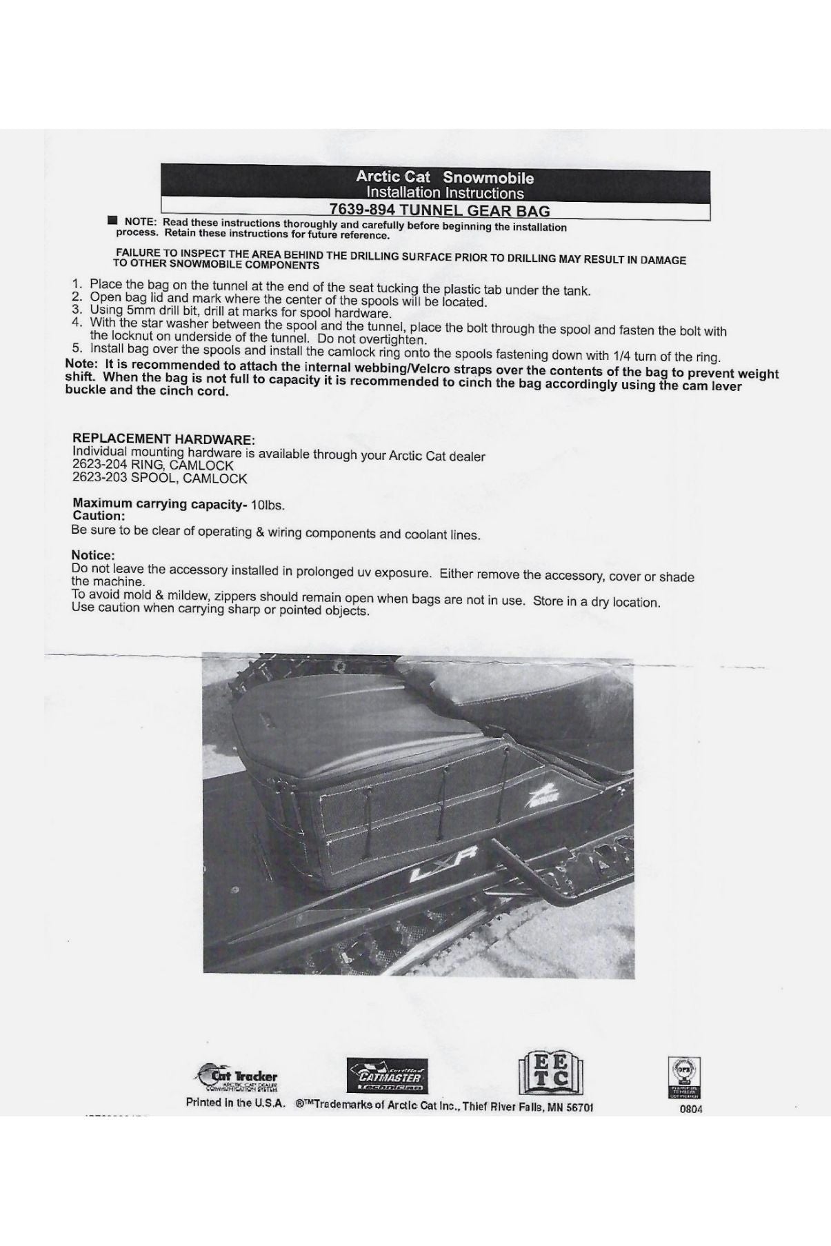 OEM Arctic Cat Snowmobile XL Tunnel Gear Bag Large Storage Pack 7639-894